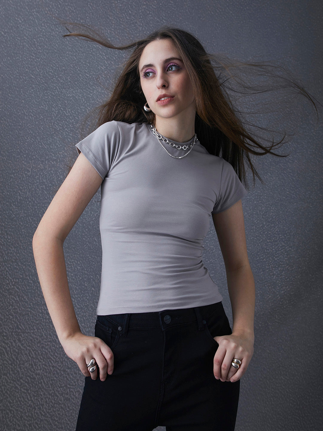 Women Premium Cotton Stretch Slim Fit Mid Grey T Shirt