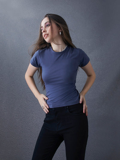 Women Premium Cotton Stretch Slim Fit Ink Blue T Shirt