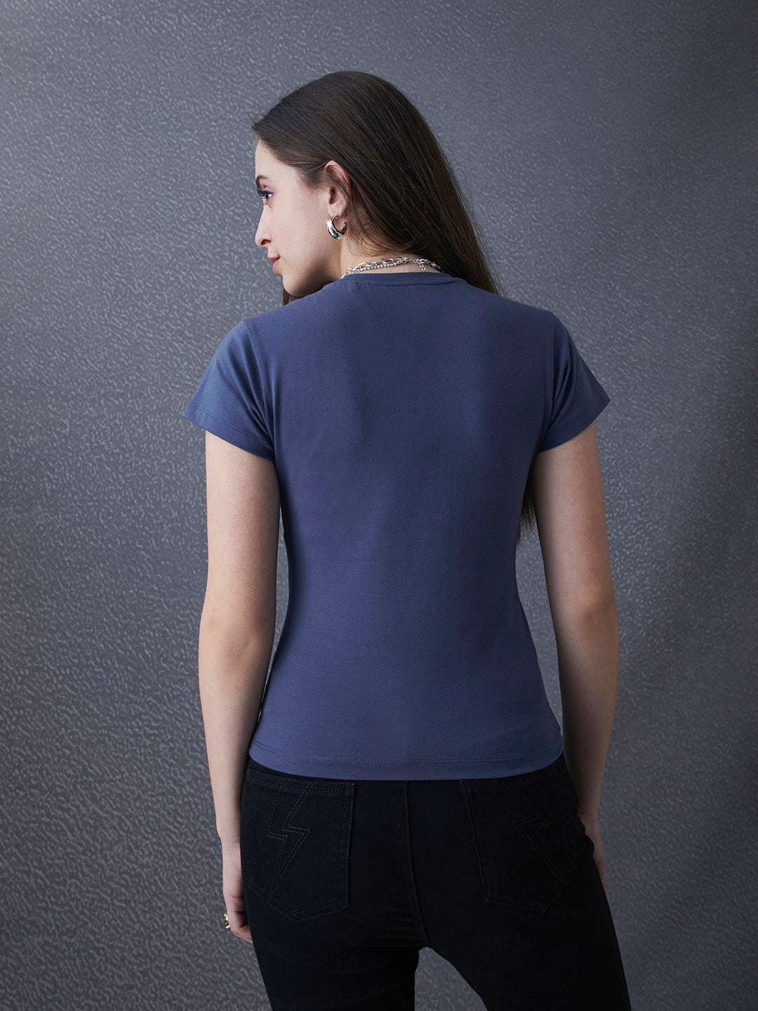 Women Premium Cotton Stretch Slim Fit Ink Blue T Shirt