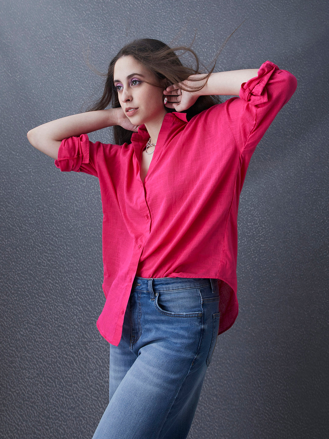 Thrust Relax Fit Street Vibe Cotton Pink Long Sleeve Women Casual Shirt