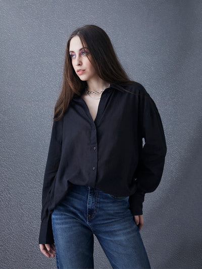 Thrust Relax Fit Street Vibe Cotton Black Long Sleeve Women Casual Shirt