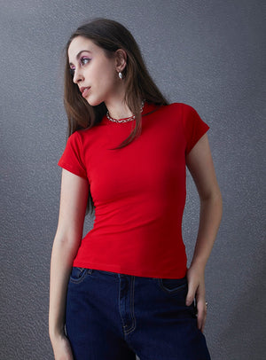 Women Premium Cotton Stretch Slim Fit Red T Shirt