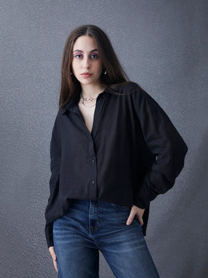 Thrust Relax Fit Street Vibe Cotton Black Long Sleeve Women Casual Shirt