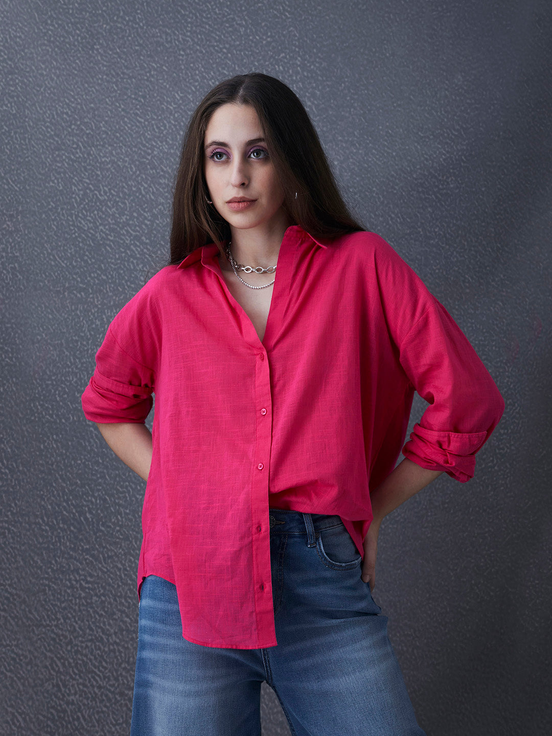 Thrust Relax Fit Street Vibe Cotton Pink Long Sleeve Women Casual Shirt