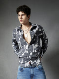 Men Premium Realxed Fit Abstract Printed Denim Look Grey White Casual Shirt