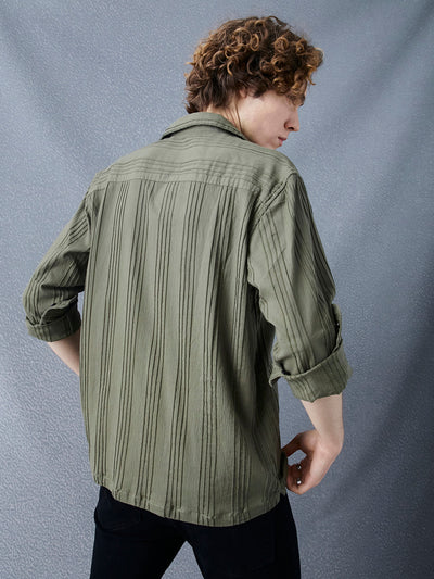 Men Premium Relaxed Fit Pleat Textured Olive Cotton Stretch Casual Shirt