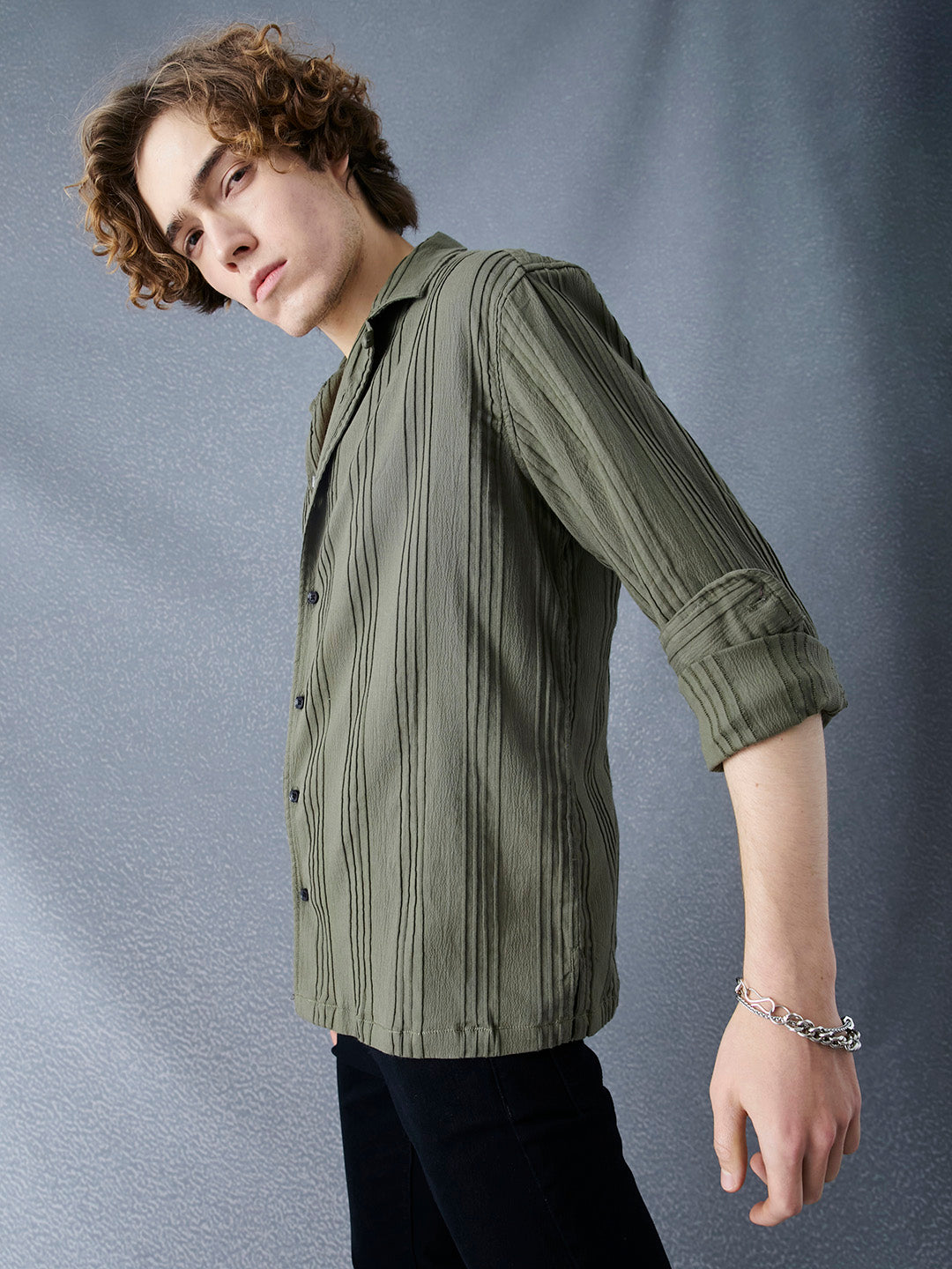 Men Premium Relaxed Fit Pleat Textured Olive Cotton Stretch Casual Shirt