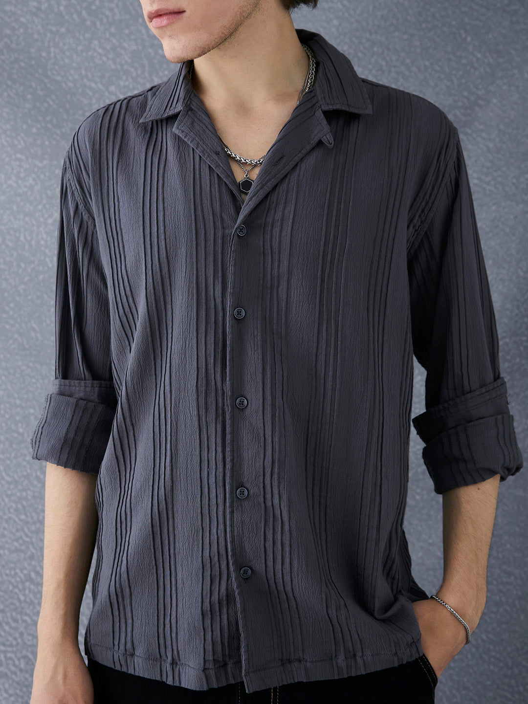 Men Premium Relaxed Fit Pleat Textured Dark Grey Cotton Stretch Casual Shirt