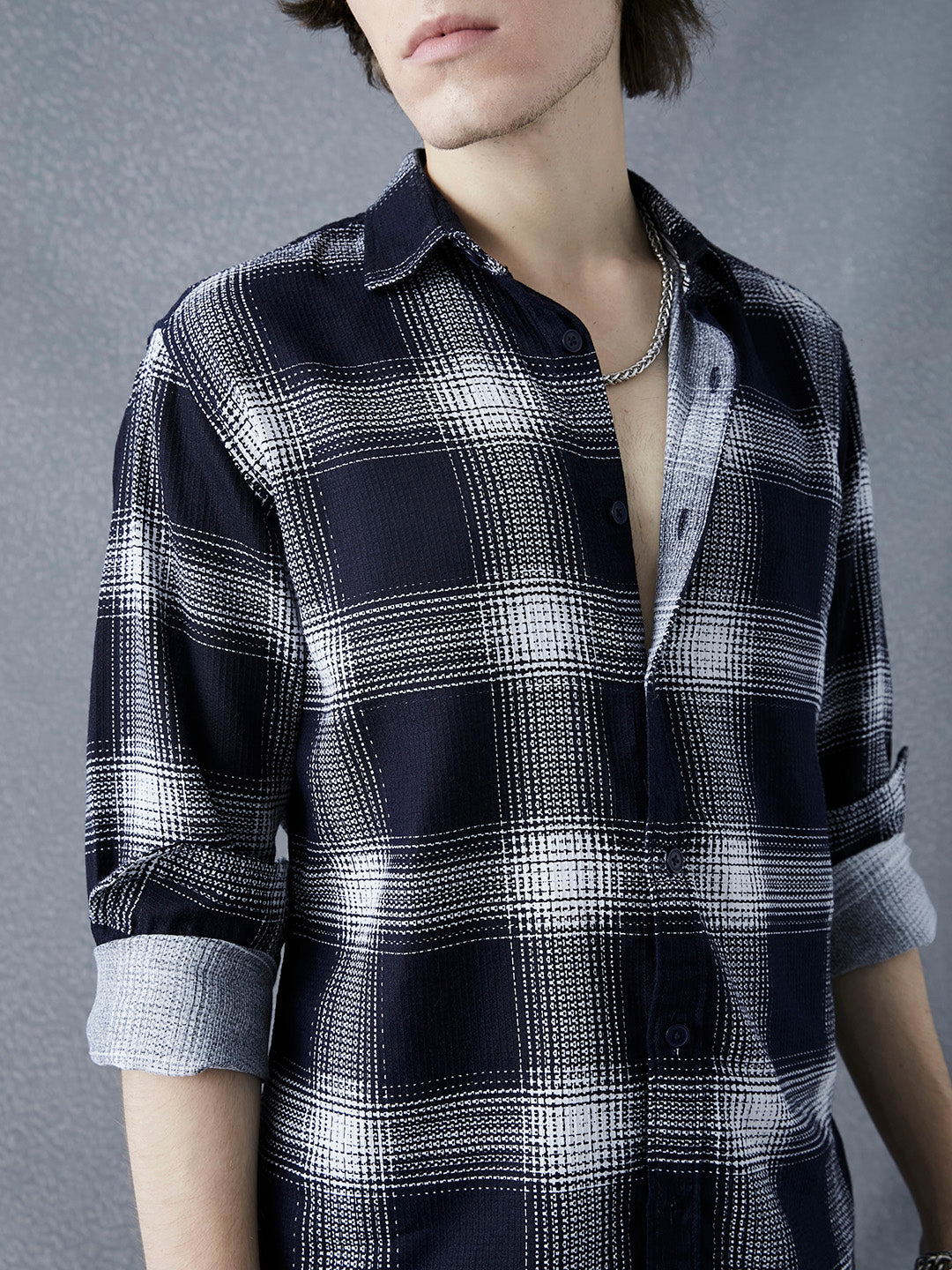 Men Premium Relaxed Fit Waffle Structured Cotton Black White Check Printed Casual Shirt