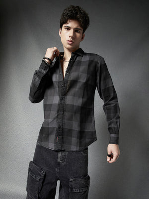 Men Regular Fit Waffle Structured Window Check Print Black Grey Casual Shirt