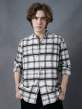 Men Relaxed Fit Cotton Textured Checked Mandarin Collar White Cotton Check Shirt