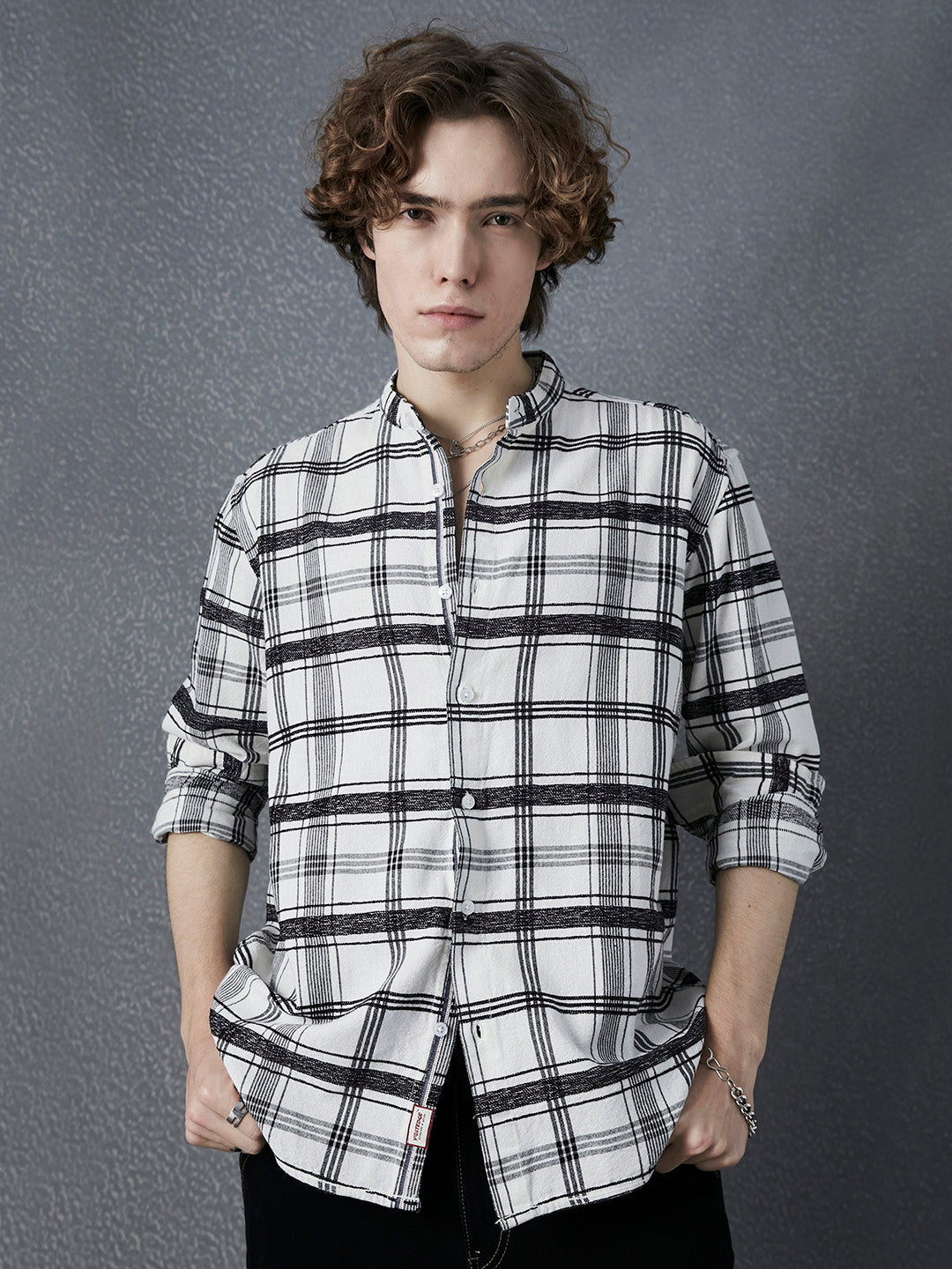 Men Relaxed Fit Cotton Textured Checked Mandarin Collar White Cotton Check Shirt