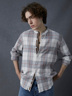 Men Relaxed Fit Cotton Textured Check Mandarin Collar Grey White Cotton Plaid Shirt