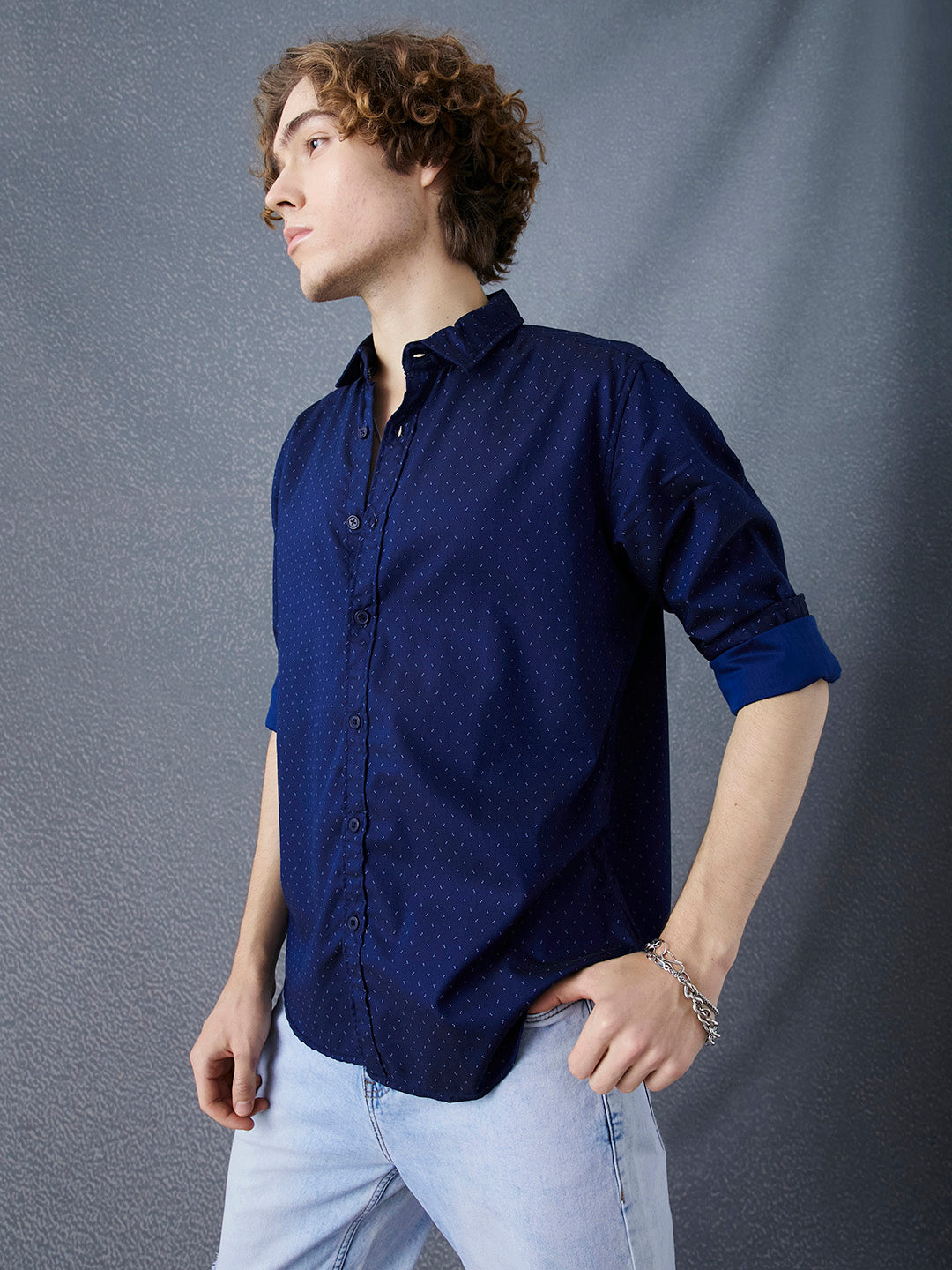 Men Relax Fit Premium Cotton With Blue Motiff Printed Casual Shirt