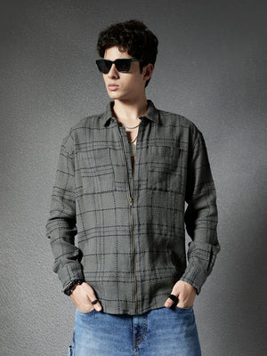 Men Relaxed Fit Full Zip Street Look Olive And Black Checked Shacket