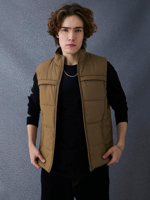 Men Regular Fit Khaki Sleeveless Jacket