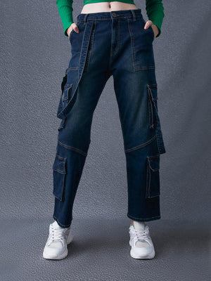 Women Premium Baggy Fit 8 Pocket Cotton Stretch Street Look Indigo Denim Cargo