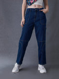 Women Premium Relax Fit High Waist Multipocket Stylised Indigo Denim Cargo