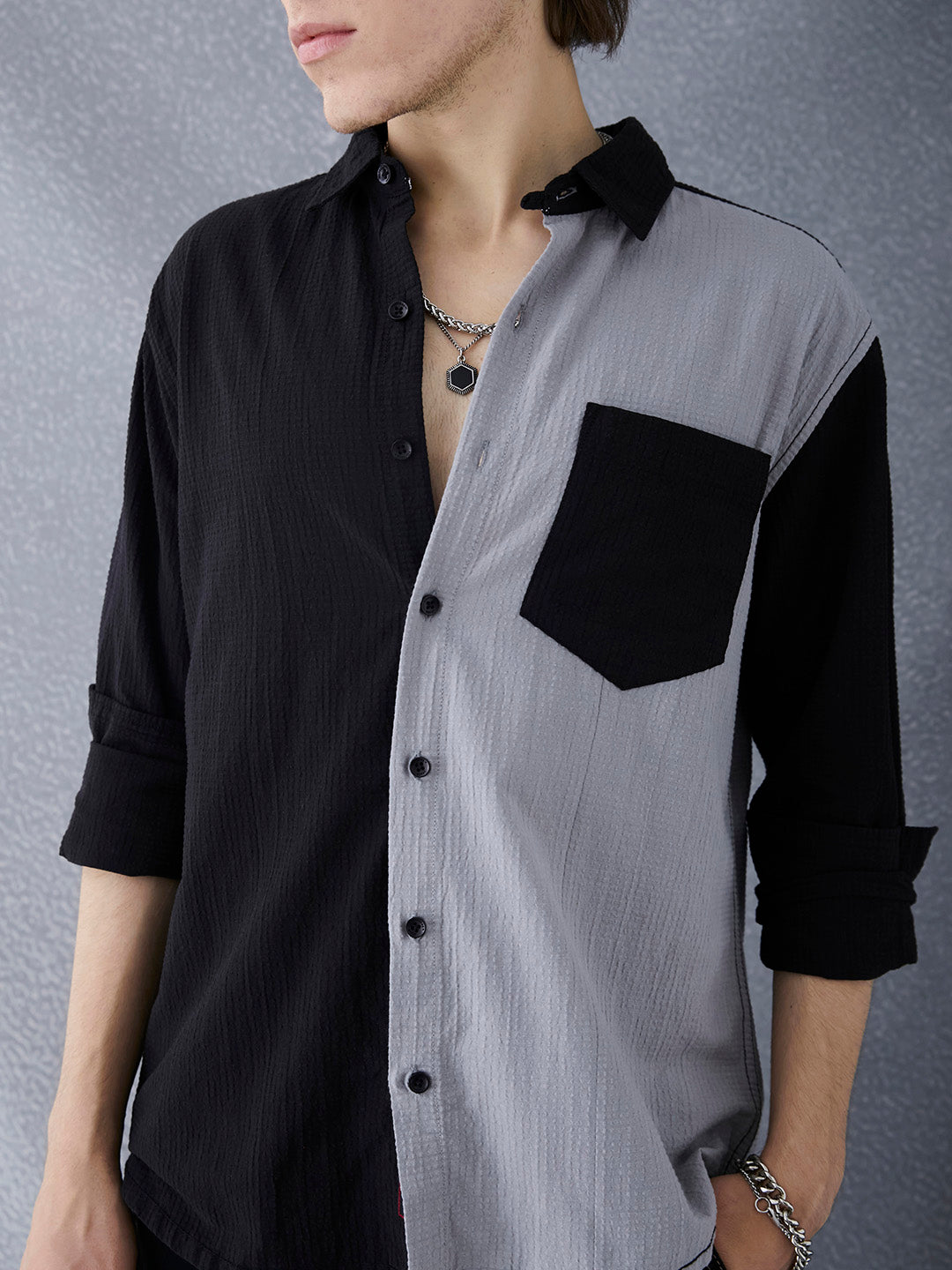 Men Relaxed Fit Flex Premium Cotton Textured Grey And Black Fusion Casual Shirt