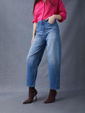 Women Premium Baggy Baloon High Waist Cotton Stretch Indigo Jeans