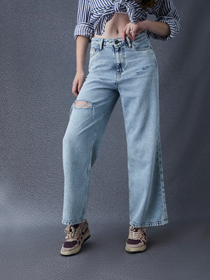 Women Wide Leg Destruction Washed High Waist Cotton Indigo Jeans