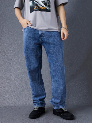 Men Straight Fit Washed Cotton Indigo Jeans