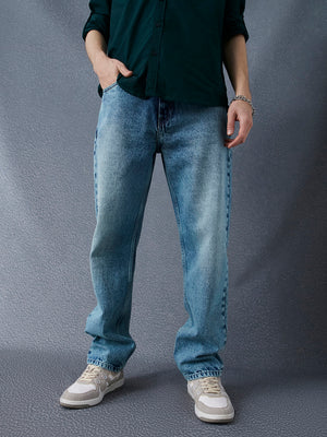 Men Straight Fit Heavy Washed Cotton Indigo Jeans