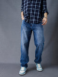 Men Straight Fit Heavy Washed Cotton Indigo Jeans