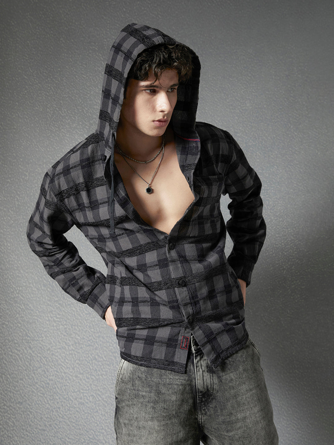 Men Relax Fit Textured Grey Black Hoodie Shacket