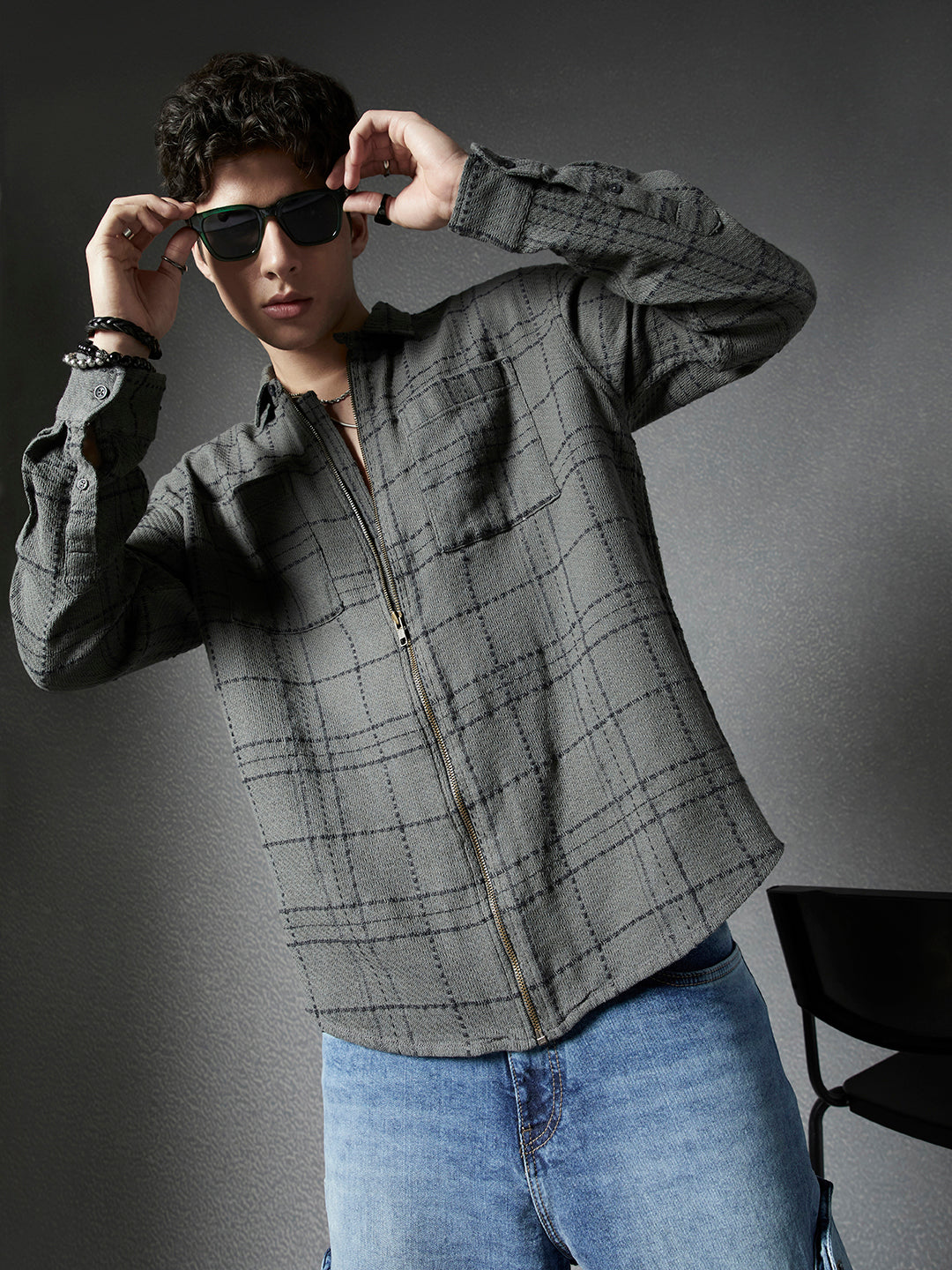 Men Relaxed Fit Full Zip Street Look Olive And Black Checked Shacket