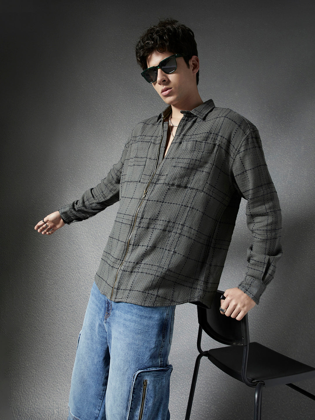 Men Relaxed Fit Full Zip Street Look Olive And Black Checked Shacket