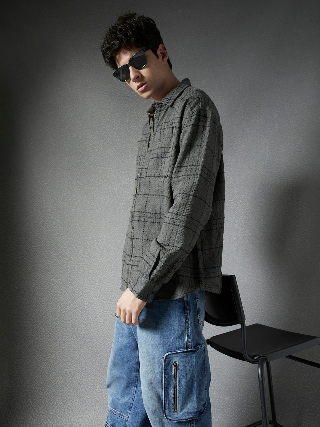 Men Relaxed Fit Full Zip Street Look Olive And Black Checked Shacket