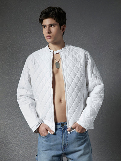 Men Premium Regular Fit Stylised Mandarin Collar Full Zip Full Sleeve White Jacket