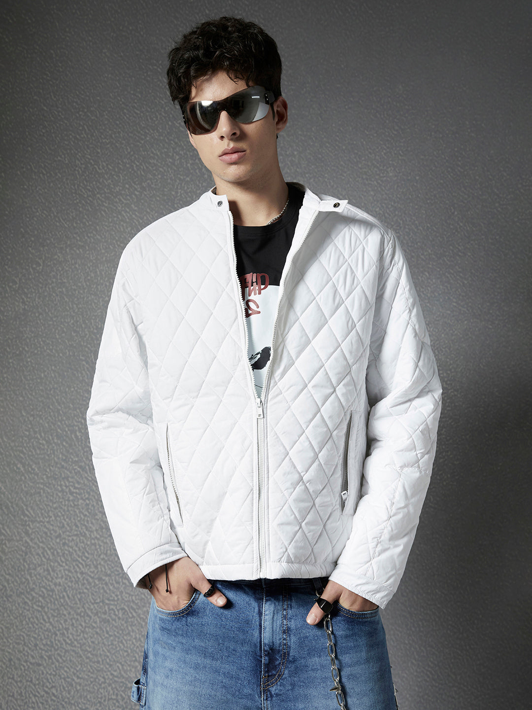 Men Premium Regular Fit Stylised Mandarin Collar Full Zip Full Sleeve White Jacket