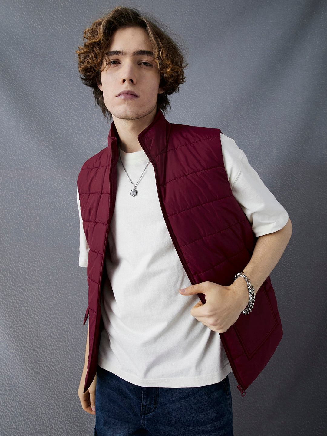 Men Regular Fit Maroon Sleeveless Jacket