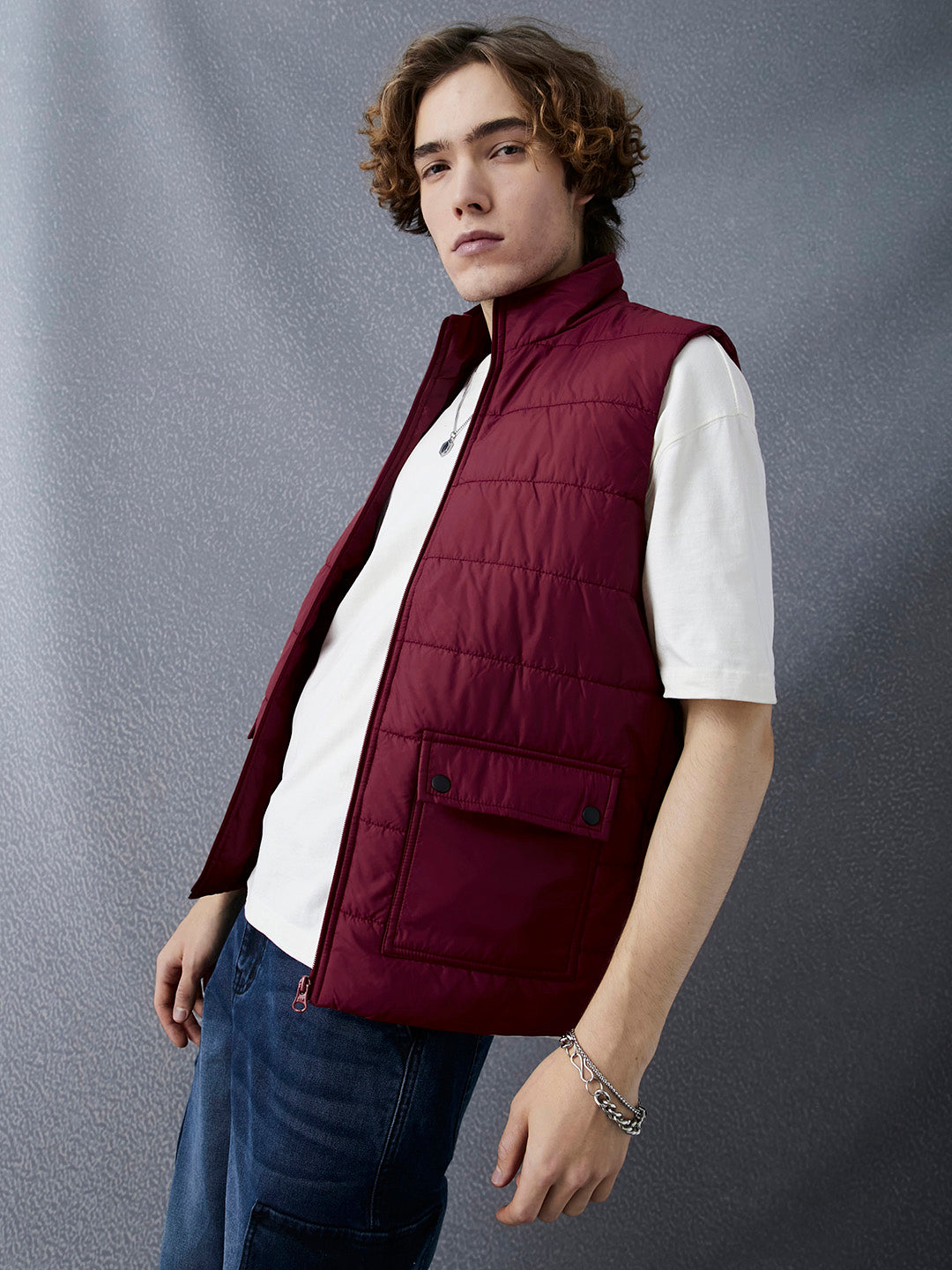 Men Regular Fit Maroon Sleeveless Jacket