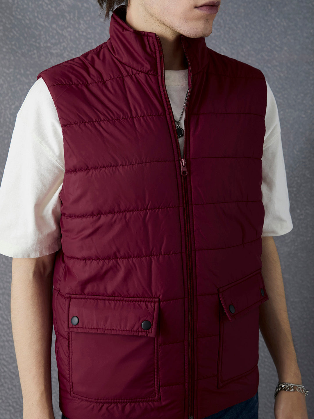 Men Regular Fit Maroon Sleeveless Jacket