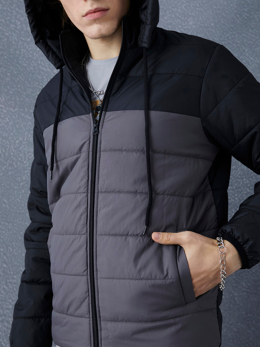 Men Regular Fit Classic Fusion Dark Grey And Black Zipped Hoodie Full Sleeve Jacket