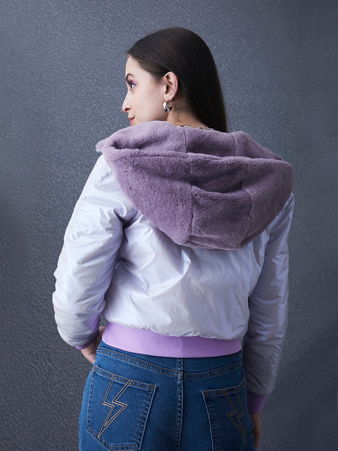 Women Premium Purple Full Sleeve Hoodie Jacket With Faux Fur