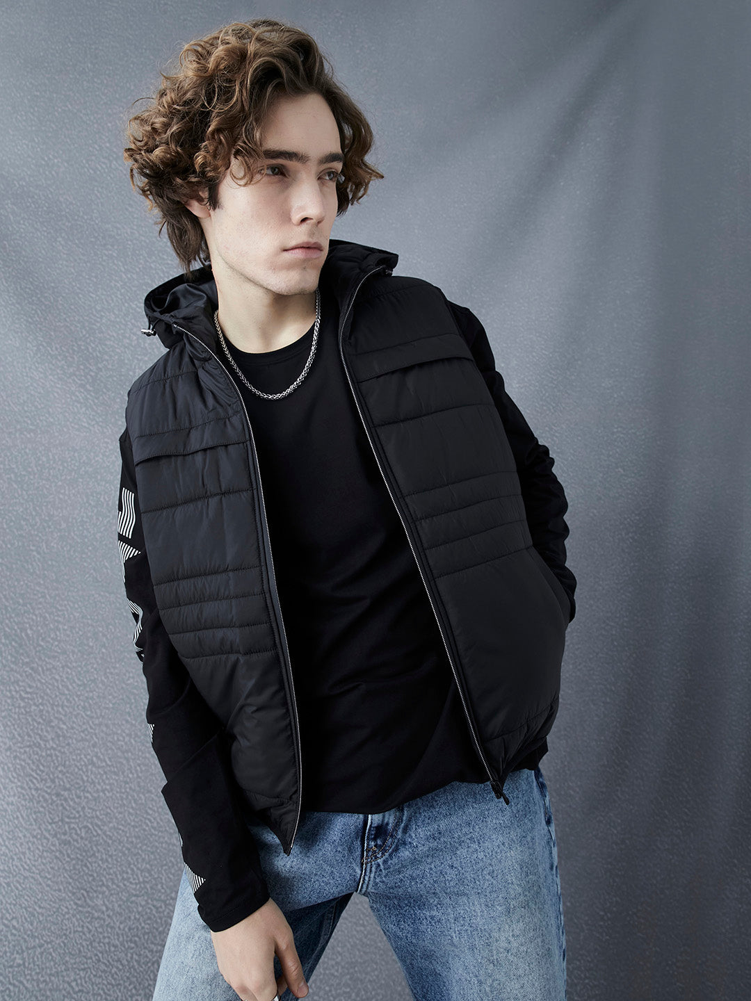 Men Premium Regular Fit Black Sleeveless Hoodie Jacket