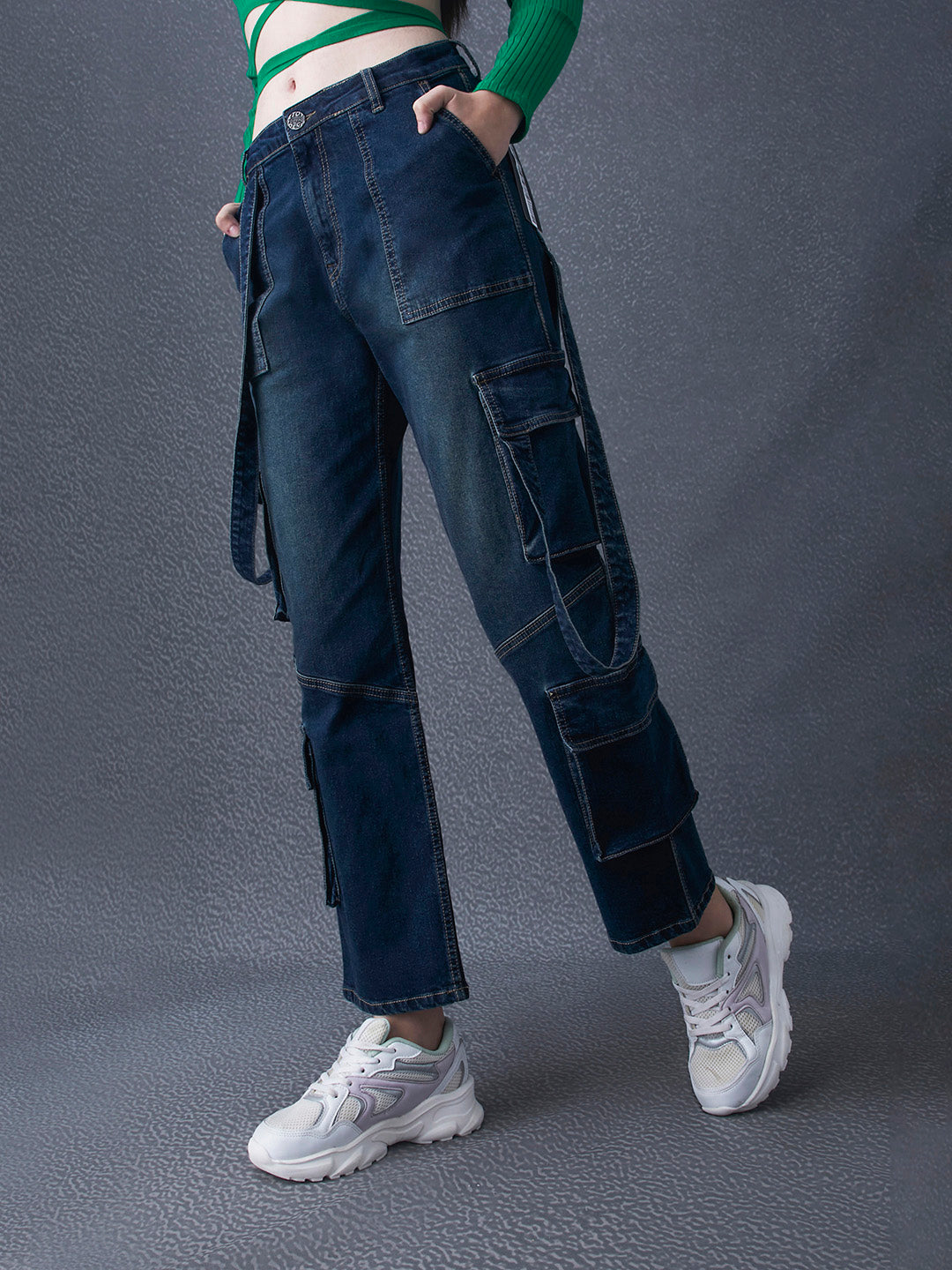 Women Premium Baggy Fit 8 Pocket Cotton Stretch Street Look Indigo Denim Cargo