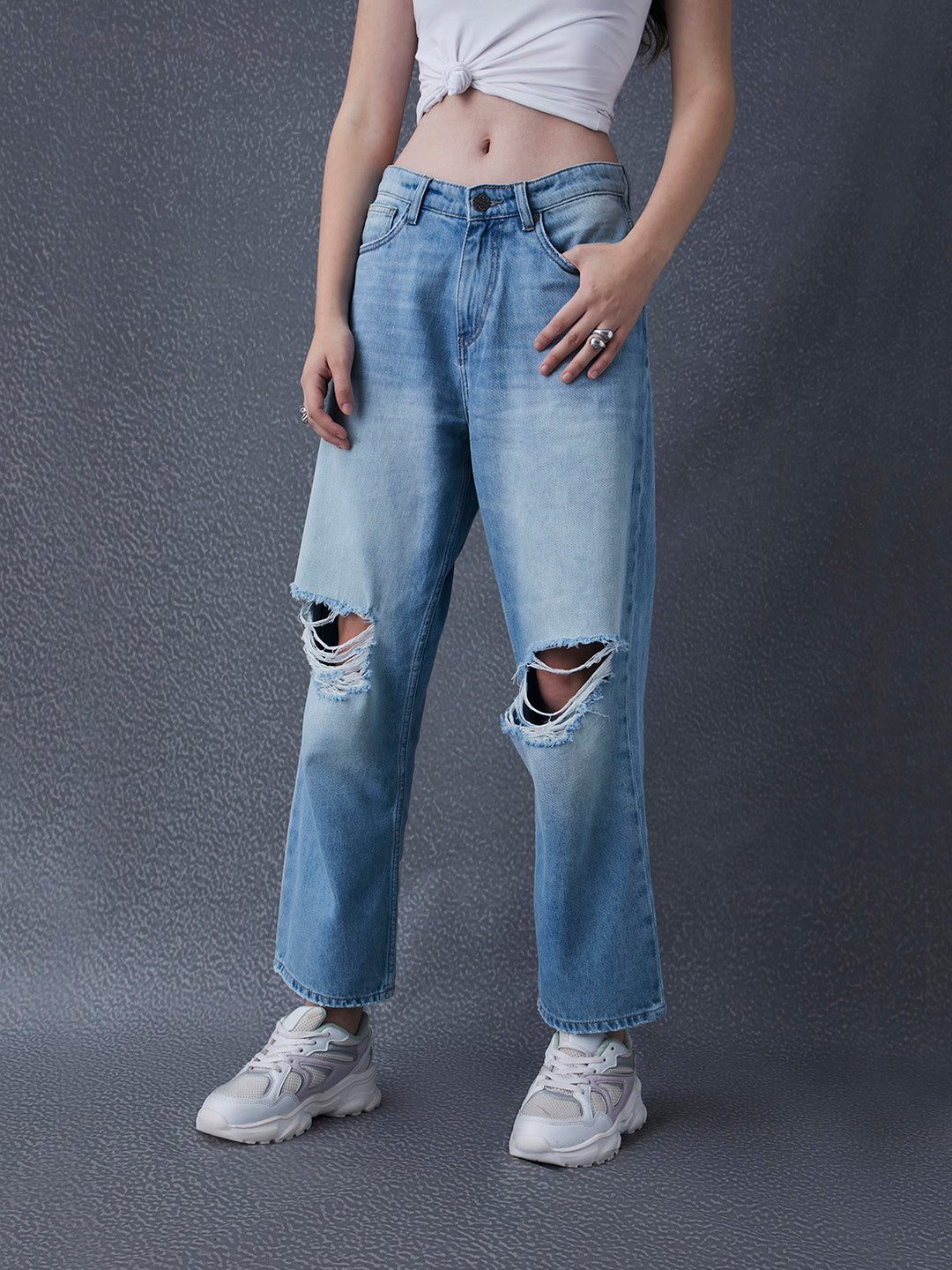 Women Premium baggy fit high waist distress washed street look Indigo Jeans