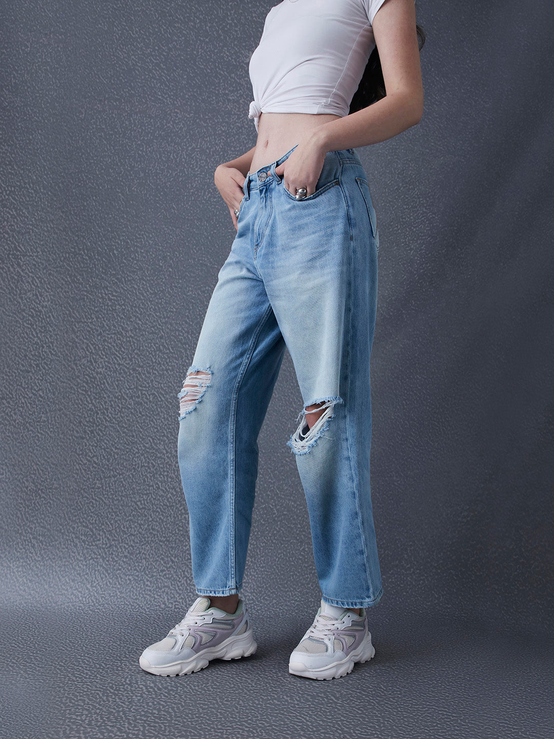 Women Premium baggy fit high waist distress washed street look Indigo Jeans