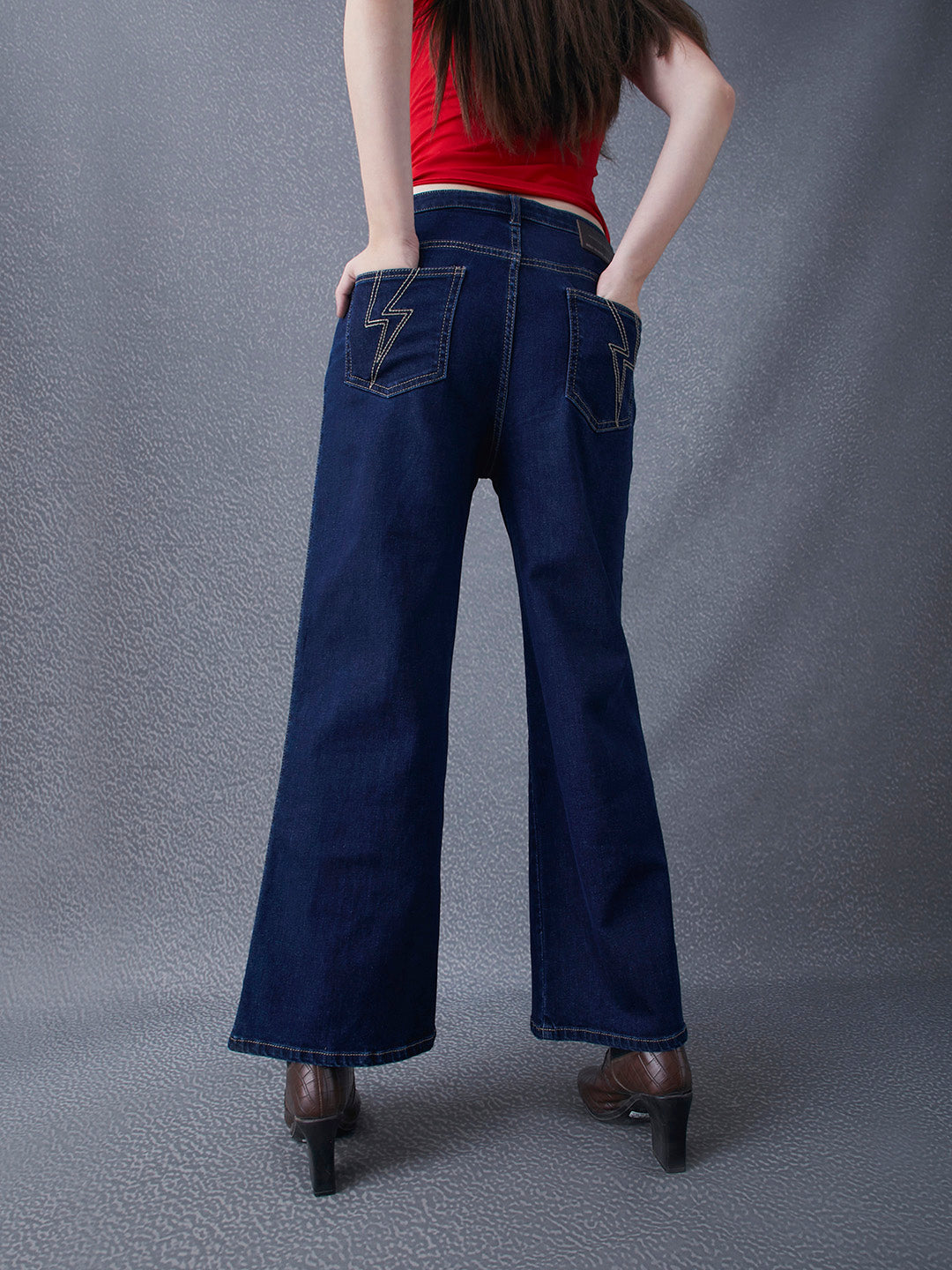 Women Premium Wide Leg Cotton Stretch Dark Indigo Jeans