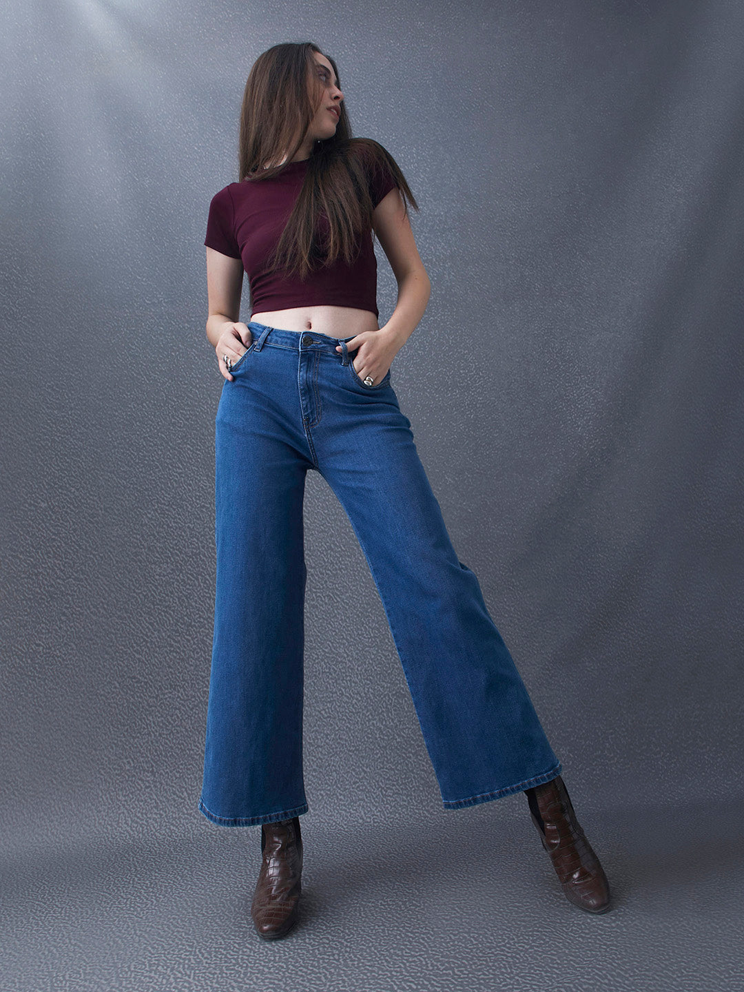 Women Premium Wide Leg Cotton Stretch Indigo Jeans