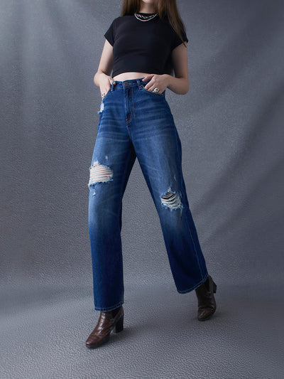 Women Wide Leg Cotton Destruction Washed High Waist Dark Indigo Jeans