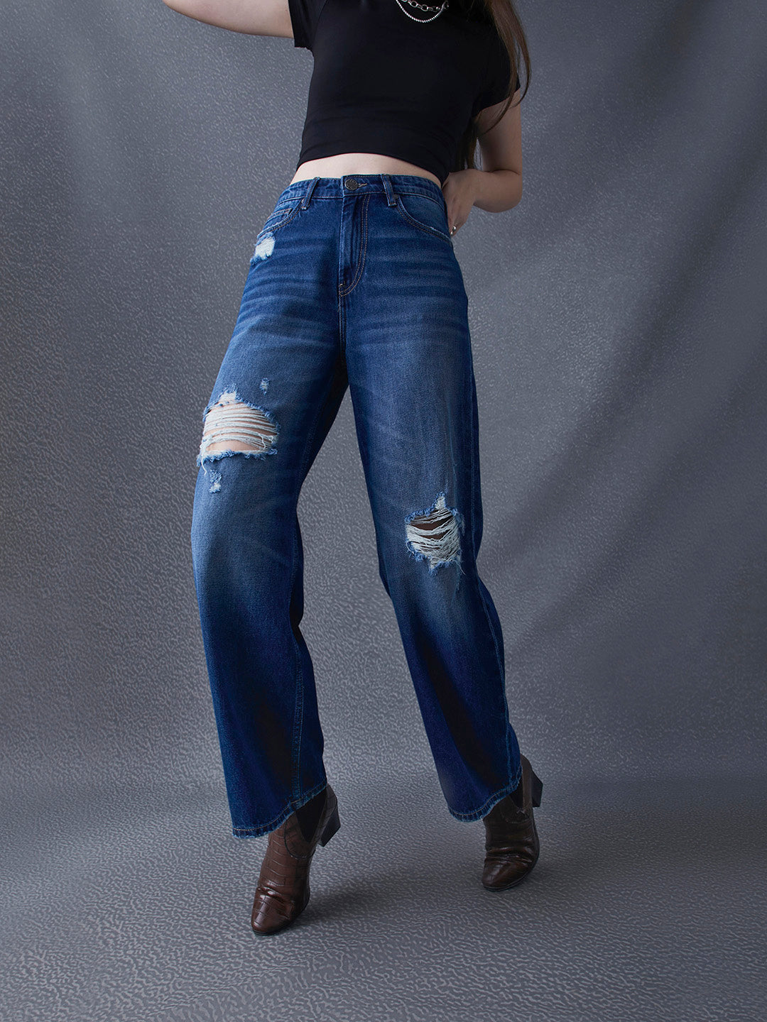 Women Wide Leg Cotton Destruction Washed High Waist Dark Indigo Jeans