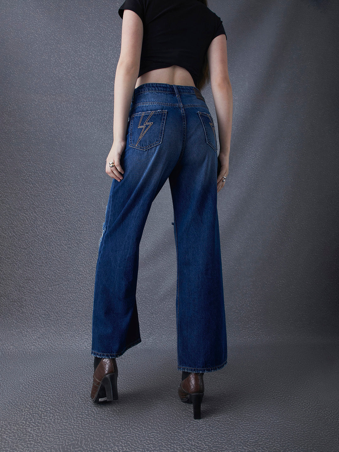 Women Wide Leg Cotton Destruction Washed High Waist Dark Indigo Jeans