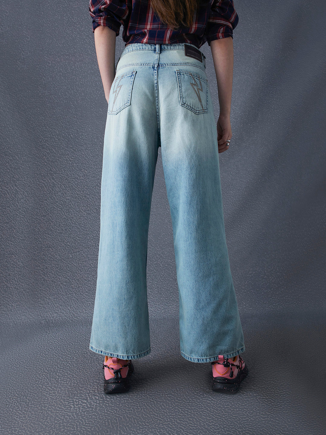 Women Wide Leg Cotton Stretch Heavy Washed High Waist Indigo Jeans