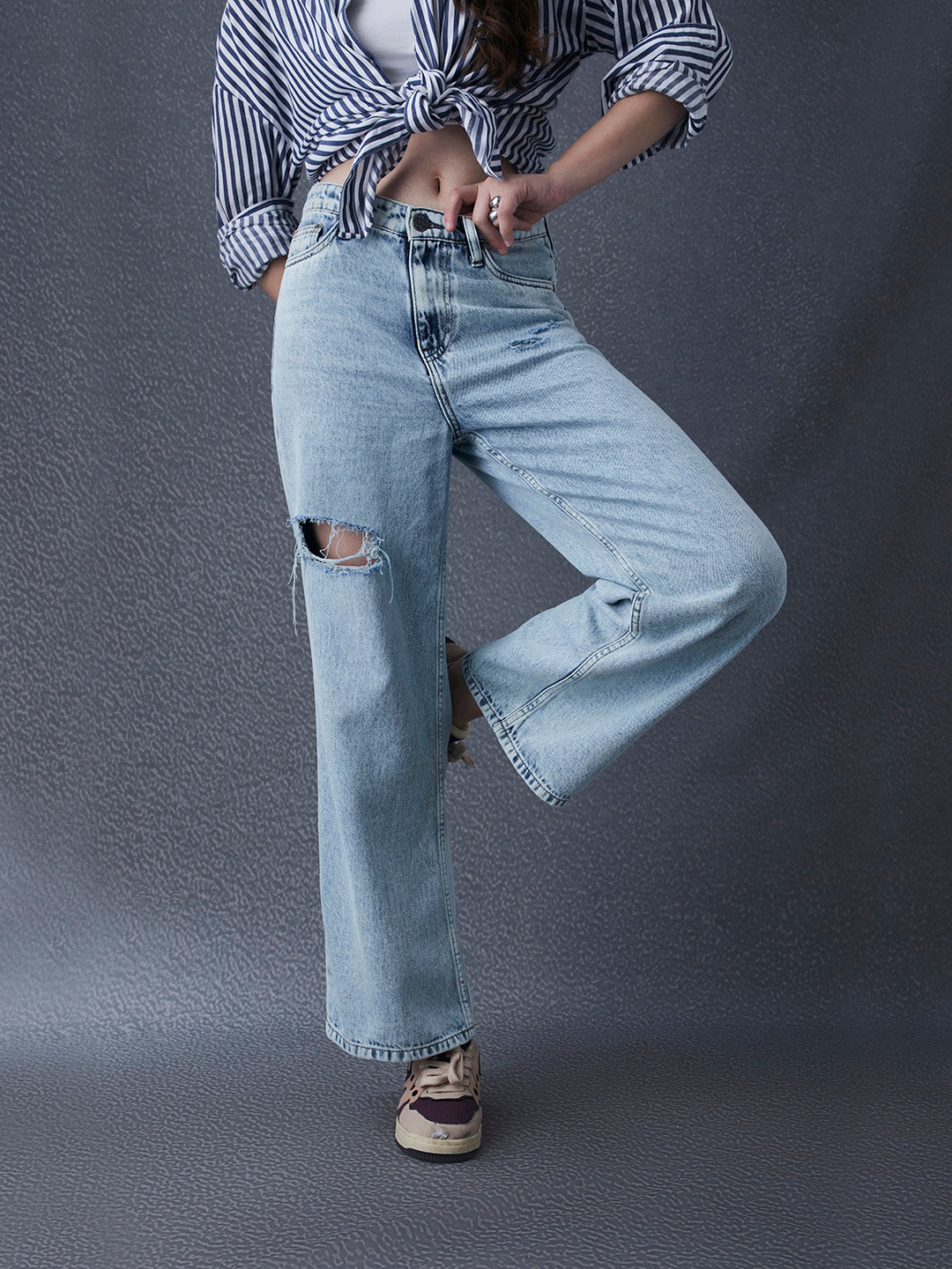 Women Wide Leg Destruction Washed High Waist Cotton Indigo Jeans